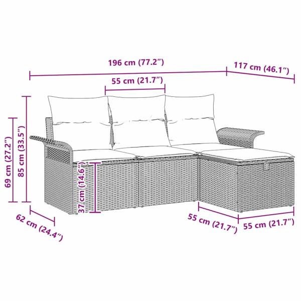 4-teiliges Garten Sofa Set mit Kissen Hellgrau Poly Rattan