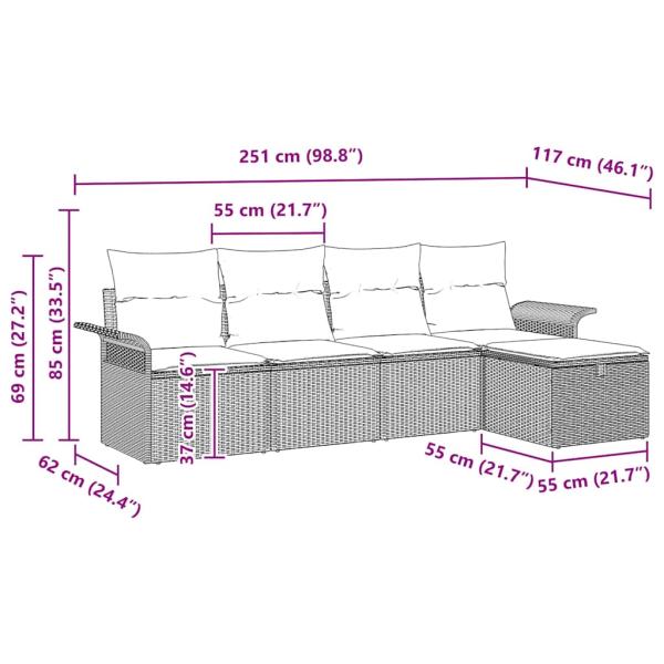 5-teiliges Garten Sofa Set mit Kissen Grau Poly Rattan