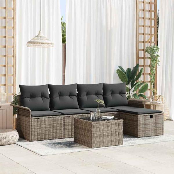 ARDEBO.de - 6-Teiliges Garten-Sofa-Set mit Kissen Grau Poly Rattan