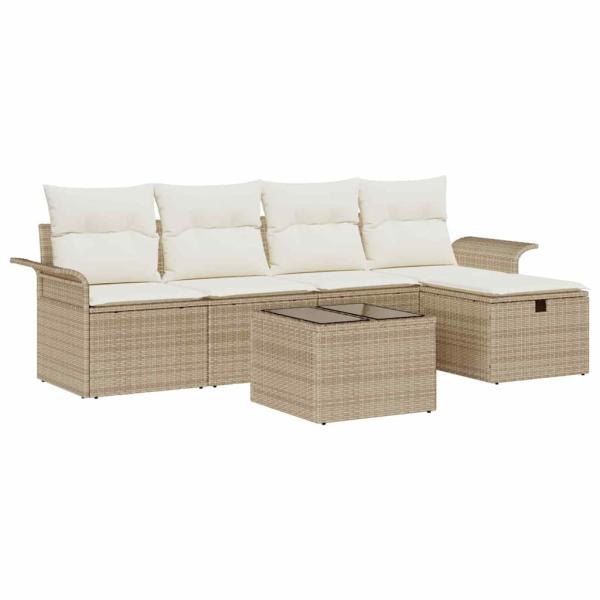6-teiliges Garten-Sofa-Set mit beigen Kissen aus Poly Rattan