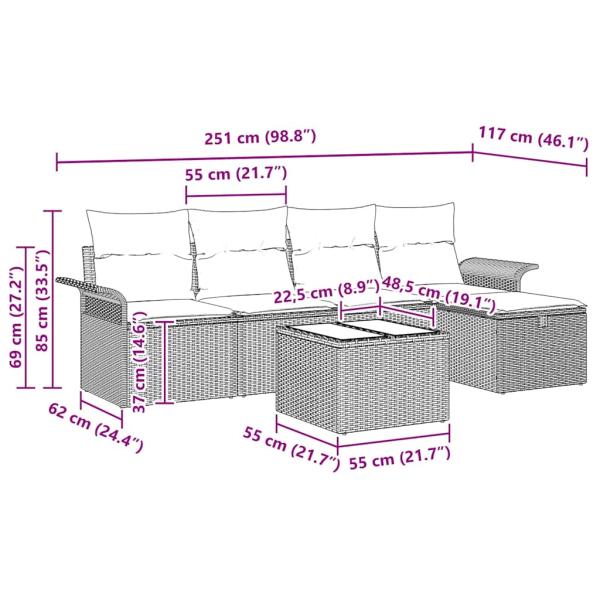 6-teiliges Garten-Sofa-Set mit beigen Kissen aus Poly Rattan