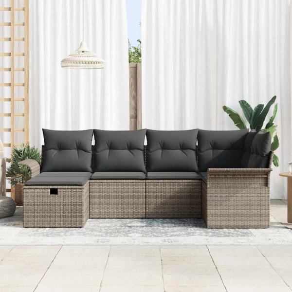 6-teiliges Garten Sofa Set mit Kissen Grau Poly Rattan