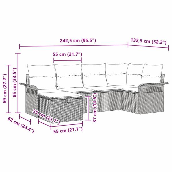 6-teiliges Garten Sofa Set mit Kissen Grau Poly Rattan
