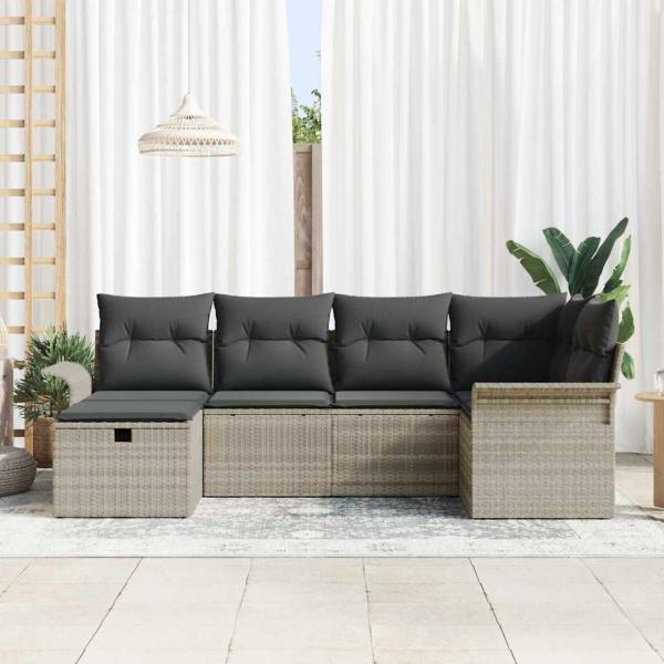 6 Teiliges Garten Sofa Set mit Kissen Helles Grau Poly Rattan
