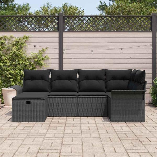 6-teiliges Garten Sofa Set mit Kissen Schwarz Poly Rattan