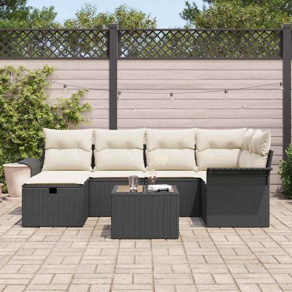 7-teiliges Garten-Sofa-Set mit Kissen Schwarz Poly Rattan