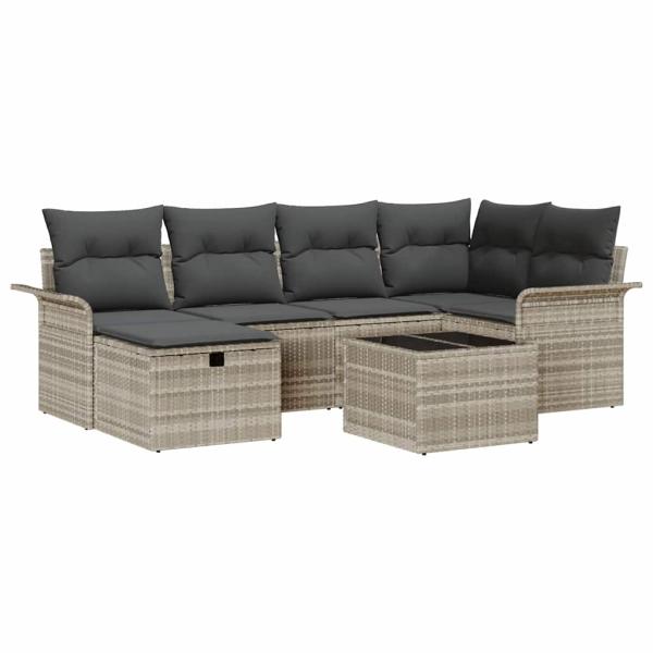 7-teiliges Garten Sofa Set mit Kissen Hellgrau Poly Rattan