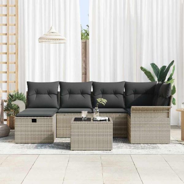 7-teiliges Garten Sofa Set mit Kissen Hellgrau Poly Rattan