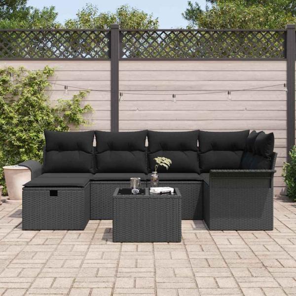 7-teiliges Garten Sofa Set mit Kissen Schwarz Poly-Rattan