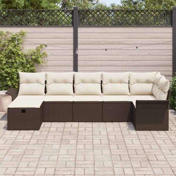 7-teiliges Garten-Sofa-Set mit Kissen Braun Poly Rattan
