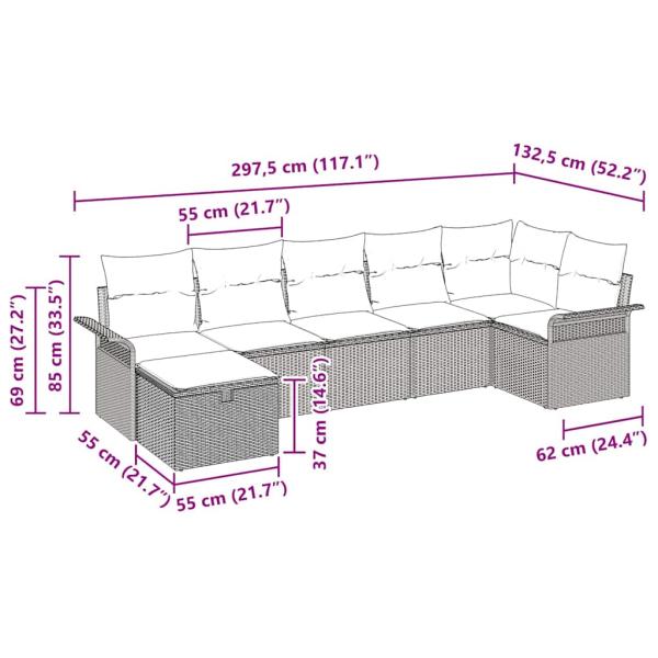 7-teiliges Garten-Sofa-Set mit Kissen Grau Poly-Rattan