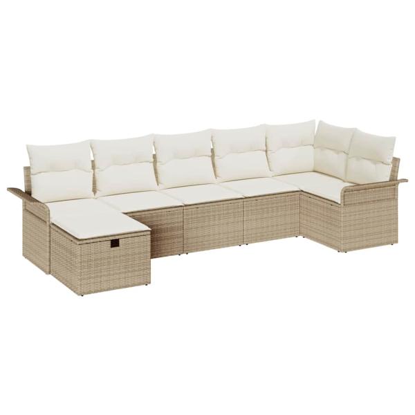 7-teiliges Garten Sofa Set mit Kissen Beige Poly Rattan