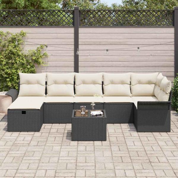 8-teiliges Garten-Sofa-Set mit Kissen Schwarz Poly Rattan