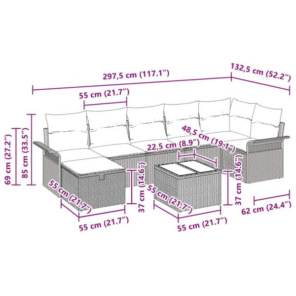 8-teiliges Garten Sofaset mit Kissen Grau Poly-Rattan