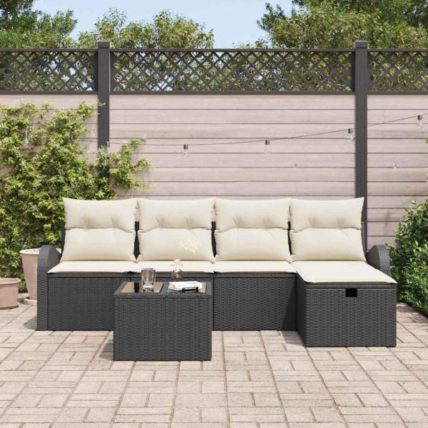6-teiliges Garten-Sofa-Set mit Kissen in Schwarz aus Poly-Rattan