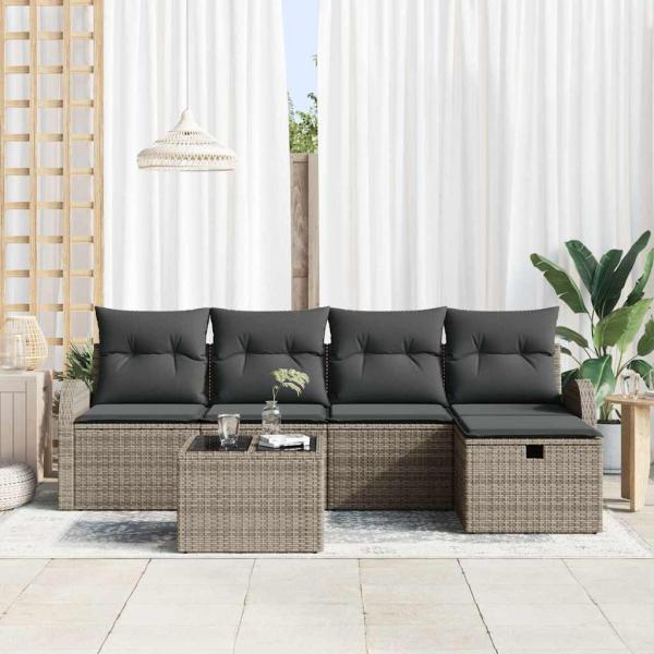 6-teiliges Garten Sofa Set mit Kissen Grau Poly Rattan