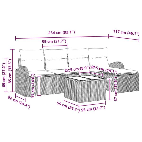 6-teiliges Garten Sofa Set mit Kissen Grau Poly Rattan