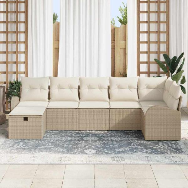 7-teiliges Garten Sofa Set mit Kissen Beige Poly Rattan