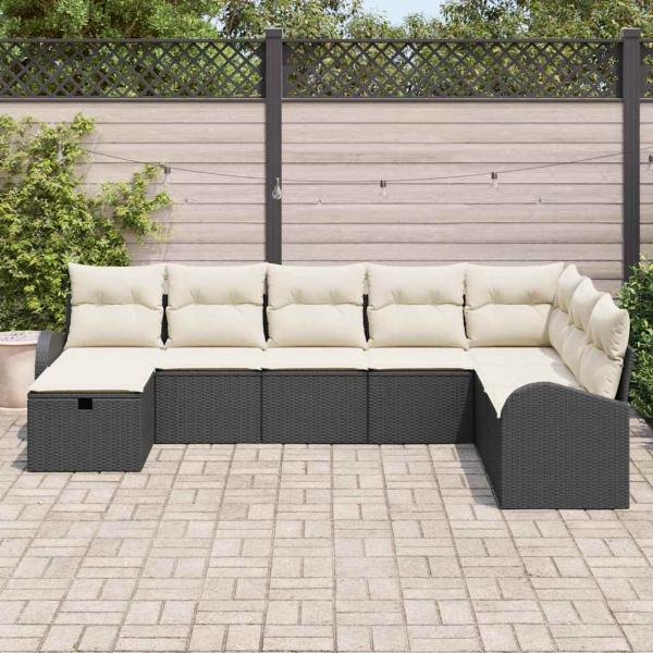 8-teiliges Garten-Sofa-Set mit Kissen in Schwarz Poly-Rattan