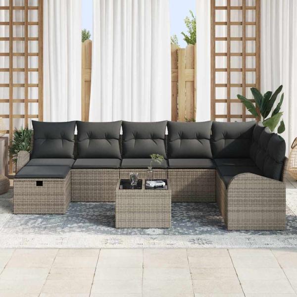9-teiliges Garten Sofaset mit Kissen Grau Poly Rattan