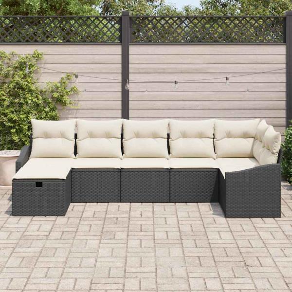 7-teiliges Garten-Sofa-Set mit Kissen Schwarz Poly Rattan