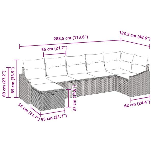 7-teiliges Garten Sofa Set mit Kissen Beige Poly Rattan