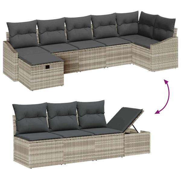 7-teiliger Garten Sofa Set mit Kissen Hellgrau Poly Rattan