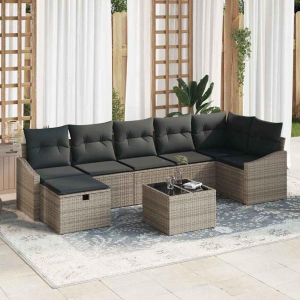 ARDEBO.de - 8-teiliges Garten-Sofa-Set mit Kissen Grau Poly-Rattan