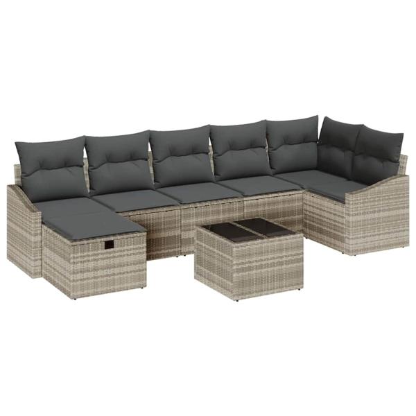 8-teiliges Garten Sofa Set mit Kissen in Hellgrau Poly Rattan