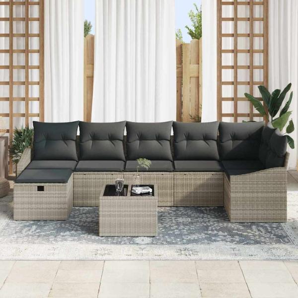 8-teiliges Garten Sofa Set mit Kissen in Hellgrau Poly Rattan