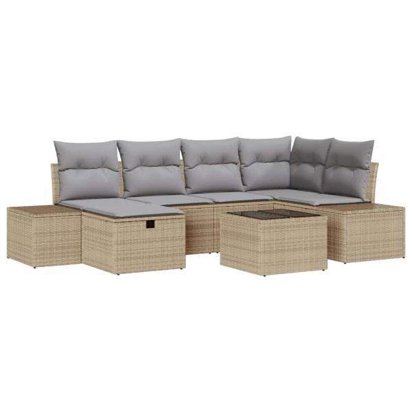 7-teiliges Garten Sofa Set mit Kissen Beige Poly Rattan