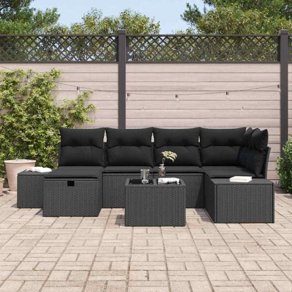 7-teilige Garten-Sofa-Garnitur mit Kissen Schwarz Poly Rattan