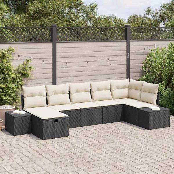 ARDEBO.de - 7-teiliges Garten-Sofa-Set mit Kissen in schwarzem Poly-Rattan