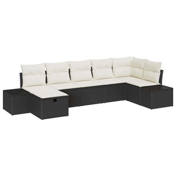 7-teiliges Garten-Sofa-Set mit Kissen in schwarzem Poly-Rattan