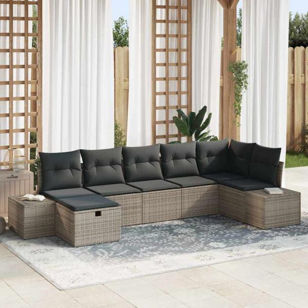 ARDEBO.de - 7-teiliges Garten-Sofa-Set mit Kissen Grau Poly Rattan
