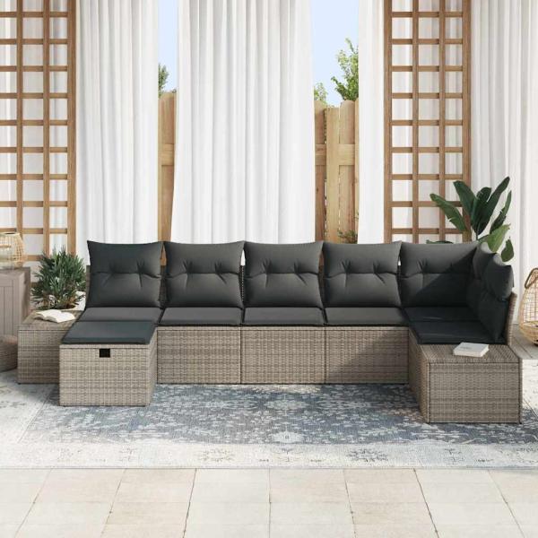 7-teiliges Garten-Sofa-Set mit Kissen Grau Poly Rattan