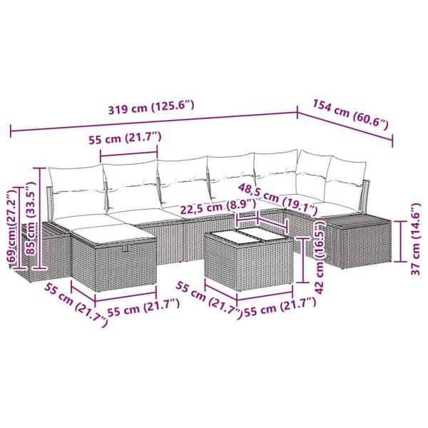 8-teiliges Garten Sofaset mit Kissen Beige Poly Rattan
