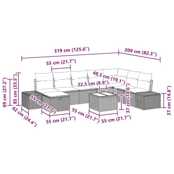9-teiliges Garten Sofa Set mit Kissen Schwarz Poly-Rattan