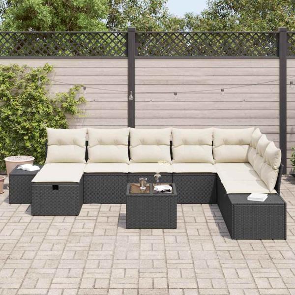 9-teiliges Garten Sofa Set mit Kissen Schwarz Poly-Rattan