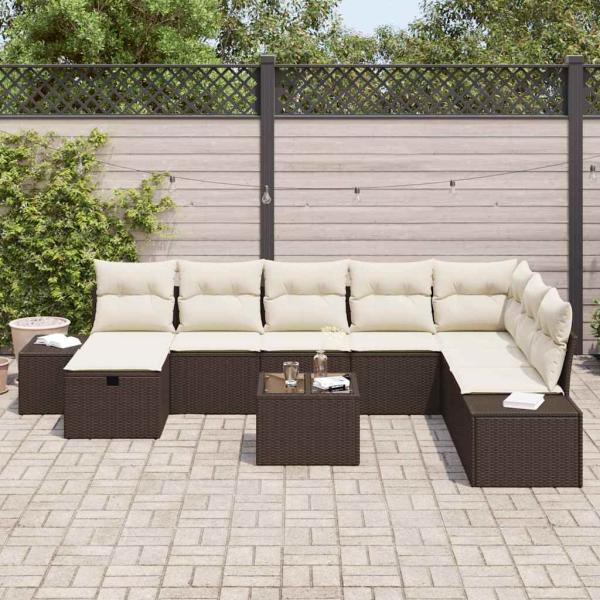 9-teiliges Garten-Sofa-Set mit Kissen in Braun aus Poly-Rattan