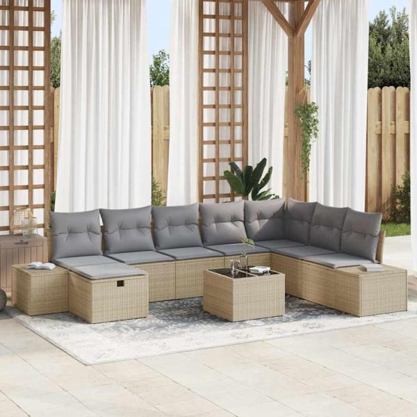 ARDEBO.de - 9-teiliges Garten-Sofa-Set mit Kissen Beige Poly Rattan