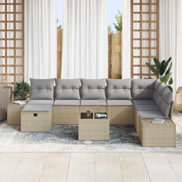 9-teiliges Garten-Sofa-Set mit Kissen Beige Poly Rattan