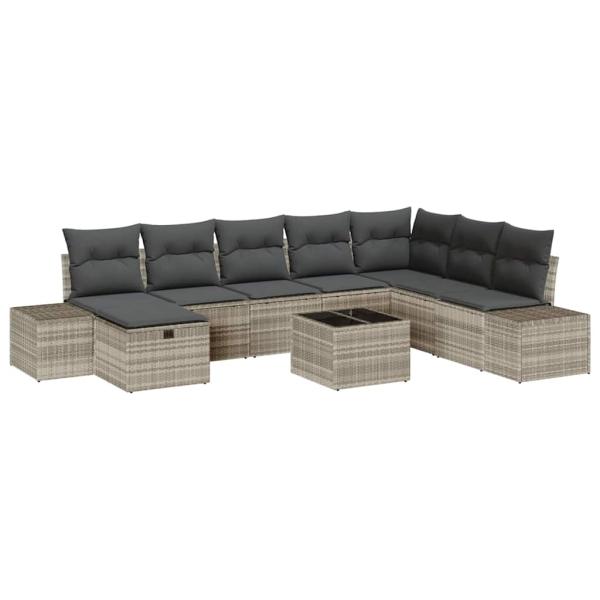 9-teiliges Garten Sofa Set mit Kissen in Hellgrau, Poly Rattan