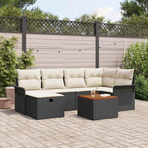 ARDEBO.de - 7-teiliges Garten-Sofa-Set mit Kissen Schwarz Poly-Rattan