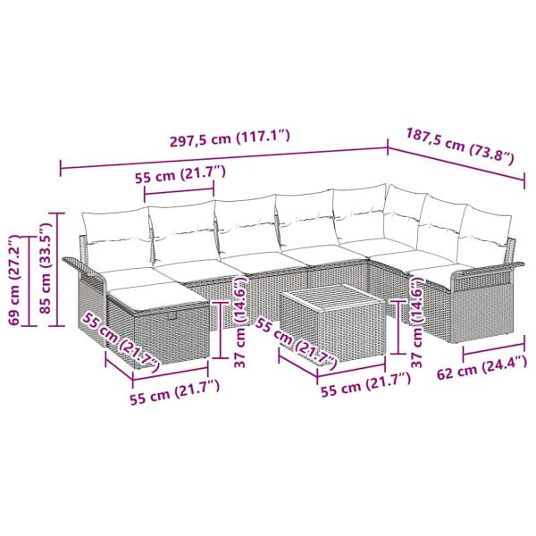 9-Teiliges Garten-Sofa-Set mit Kissen Beige Poly-Rattan