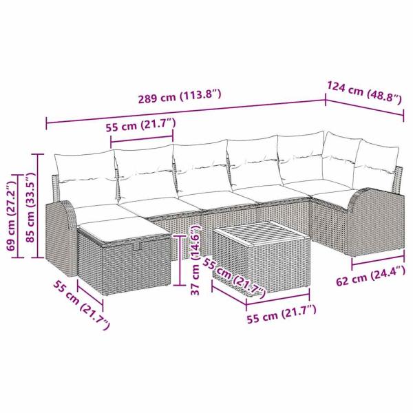 8-teiliges Gartensofa Set mit Kissen Grau Poly Rattan