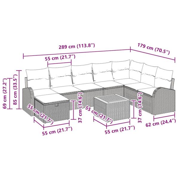 9-teiliges Garten Sofa Set mit Kissen Grau Poly Rattan