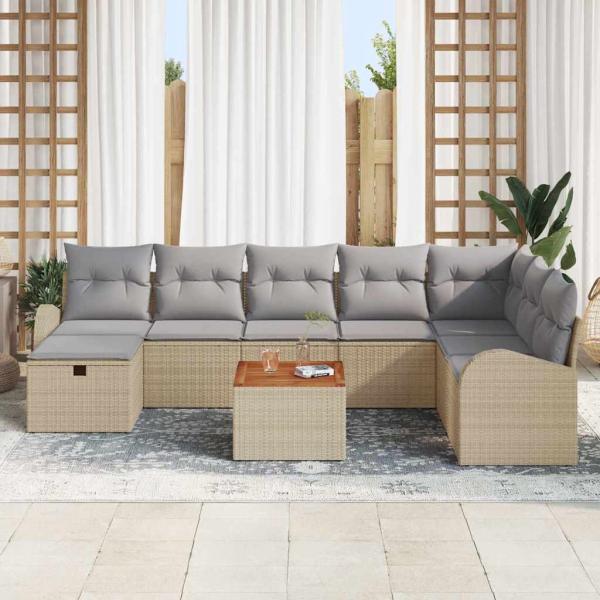9-teiliges Garten Sofa Set mit Kissen Beige Poly Rattan