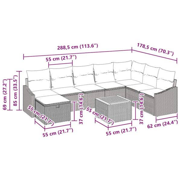 9-teiliges Garten Sofa Set mit Kissen Schwarz Poly Rattan