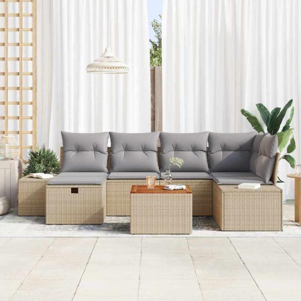 7-teiliges Garten-Sofa-Set mit Kissen Beige Poly Rattan